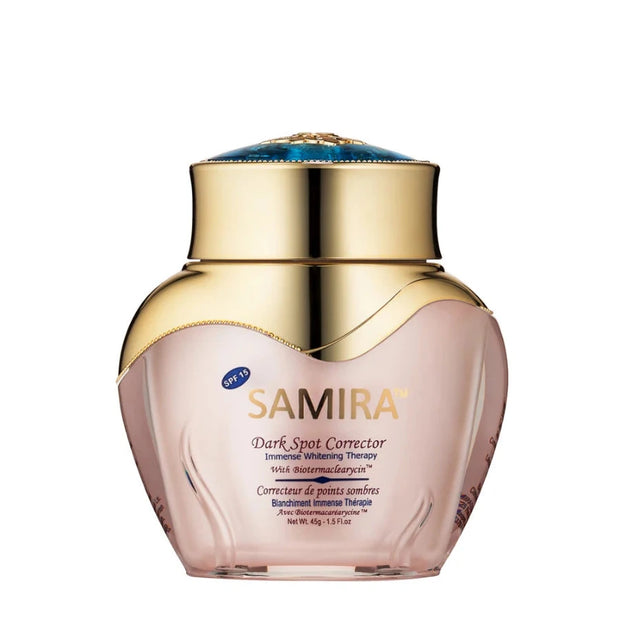 Samira Dark Spot Corrector jar with gold lid on a white background