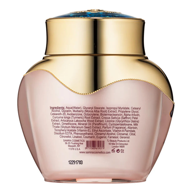 Back view of a cosmetic jar with gold lid and pink body on a white background