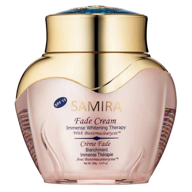 Samira Fade Cream jar with gold lid on a white background